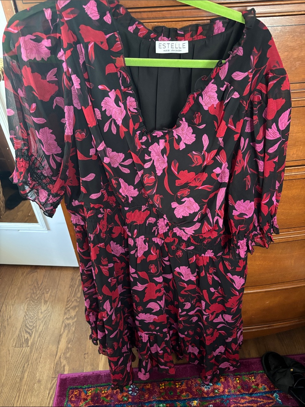 Estelle Black Midi Dress with Pink & Red Floral Print